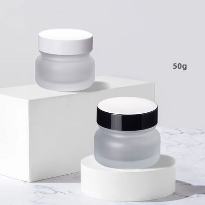 Stock Luxury Skin Care Glass Jar 50g Empty Frosted Cosmetic Packaging with Black Lid and Glass Bottle Plastic Cap White Disc